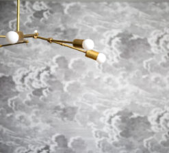 Grey and white cloud-like wallpaper on the dining room walls in the Modern Sensitivity residence, accented by a modern, brass light fixture.