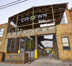 Industrial exterior of the Crown Plaza building where Bauhaus Brew Labs is located.