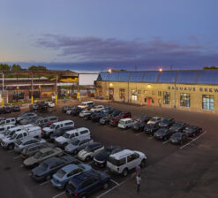 Aerial exterior view of the Bauhaus Brew Labs building from the parking lot.