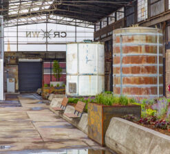 Interior entrance of the Crown building where Bauhaus Brew Labs is located inside of.