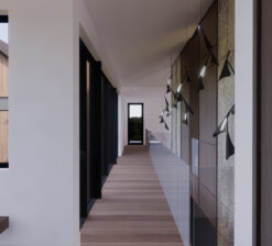 An interior rendering of the entry hallway with a floor-to-ceiling glass wall overlooking the courtyard on the left, and a floor-to-ceiling stone wall to the right in the Sirkel Kjøre residence.