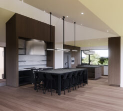 An interior rendering of the kitchen and scullery in the Sirkel Kjøre residence featuring two large islands with statement lighting overhead each. Barstools flank the main island.