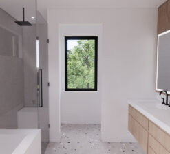 An interior rendering of the kitchen and scullery in the Sirkel Kjøre residence. The large, central kitchen island has a black soapstone countertop, accented by a modern light fixture overhead. Skylight cutouts on the ceiling above let light into the space.