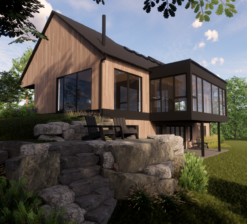 A rear exterior rendering of the Sirkel Kjøre residence with brown siding that mimics the bark of the surrounding trees. A multipurpose, glass lined bump-out on the main level of the home overlooks the pond in the backyard. The house is flanked by a landscape of trees.