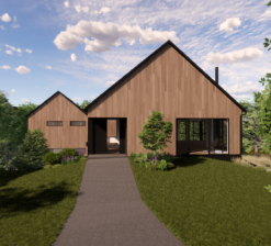 An straight-on exterior rendering of the front entrance to the Sirkel Kjøre residence with brown siding that mimics the bark of the surrounding trees. The house is flanked by a landscape of trees.