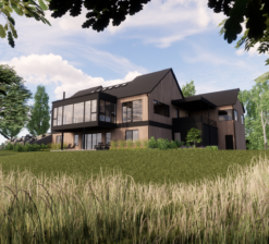 A rear exterior rendering of the Sirkel Kjøre residence with brown siding that mimics the bark of the surrounding trees. The house is flanked by a landscape of trees and natural grasses.
