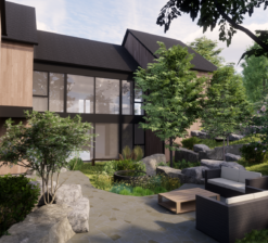 An exterior rendering of the courtyard that is tucked between massing sections of the Sirkel Kjøre residence. The courtyard in the center of the house is surrounded by trees and large boulders. A glass wall on the house overlooks the courtyard area.