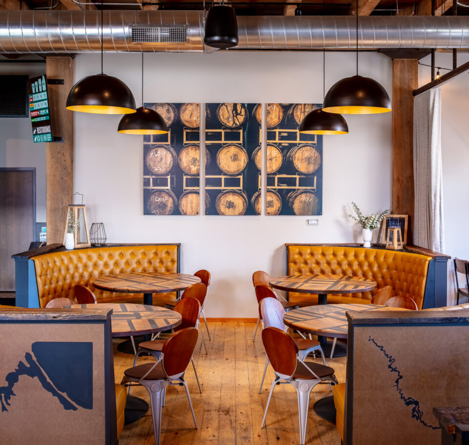 A booth seating area in the Bent Paddle Brewing taproom in Duluth, MN.