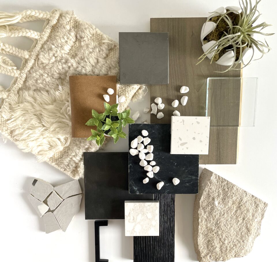 An interior design mood board with a variety of material selections including fabric, tile, stone, and hardware.