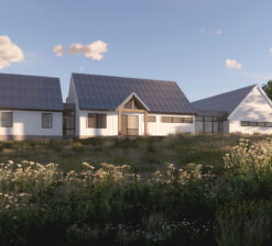 A front facing exterior rendering of the Prairie Place residence (unbuilt) with white siding surrounded by a landscape of natural prairie grasses and flowers.