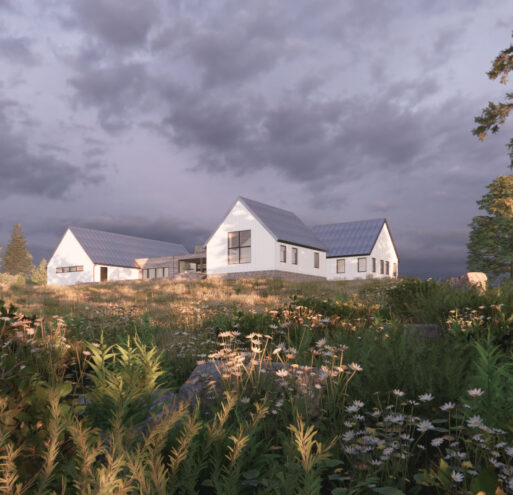 A rear exterior rendering of the Prairie Place residence (unbuilt) with white siding surrounded by a landscape of natural prairie grasses and flowers.