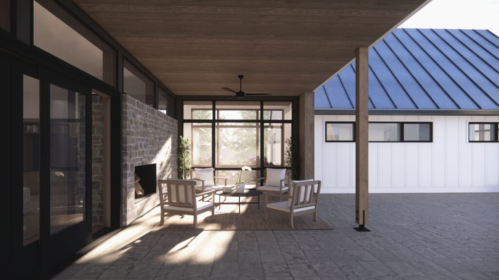 An exterior rendering of the outdoor living area in the Prairie Place residence (unbuilt) off of the kitchen. Four chairs face one another in the sunlight under the patio overhang.