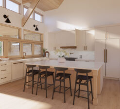 The kitchen in the Prairie Place residence (unbuilt). A large central island with a white countertop and four black high-top chairs surrounded by creamy white kitchen cabinets. Two large windows sit above the kitchen sink, and sunlight pours in through the two transom windows higher up.