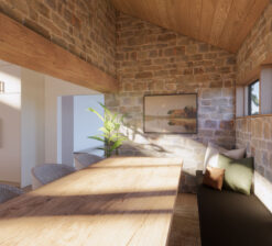 The breakfast nook in the Prairie Place residence (unbuilt) with stone-covered walls, a natural wood ceiling, and a cozy seating bench and table.