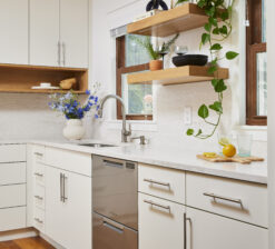 Two open shelves styled with plants and vases sit between two symmetrical windows flanking the sink in the Saint Paul Bungalow remodeled kitchen. Creamy white upper and lower cabinets are visible and a small built in, drawer dishwasher.